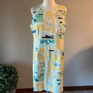 Charlotte Kellogg RESORT LUXURY dress boat scene print cotton stretch VTG 14